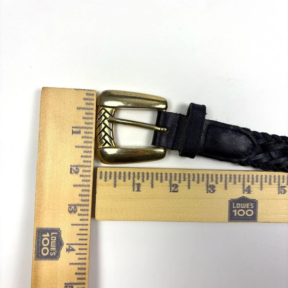 VTG 80s Chic Brand Braided Genuine Leather Belt Womans Sz L Navy Blue‎ Gold Tone